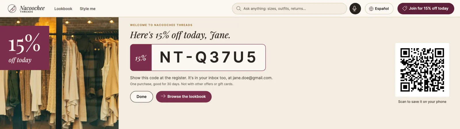 Nacoochee Threads: join the list, get 15% off on screen and on the phone.
