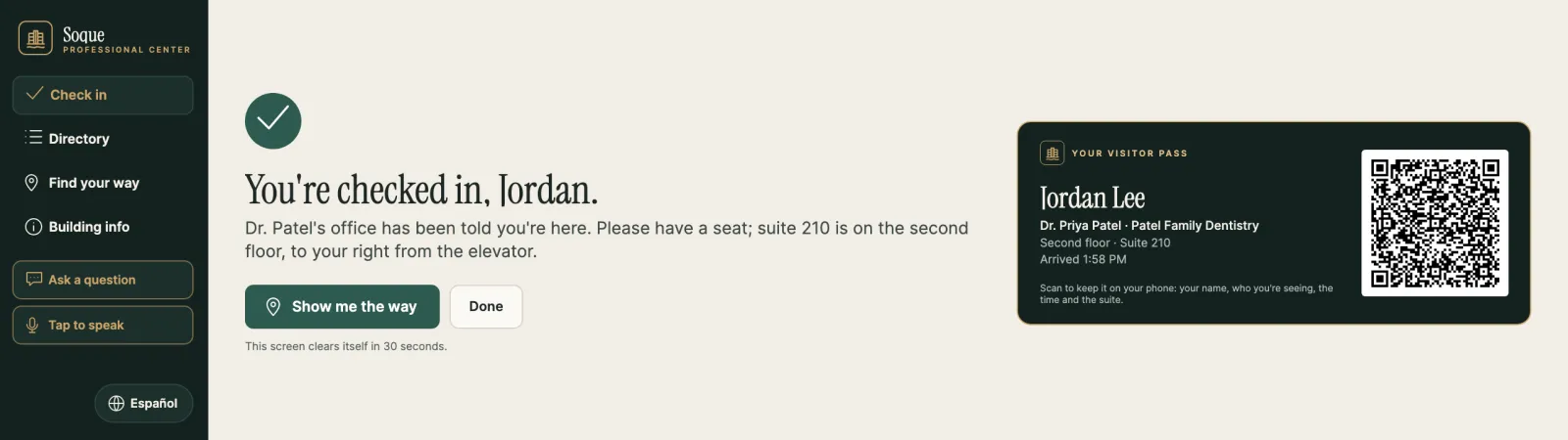 Soque Professional Center: checked in, the office notified, a visitor pass to go.