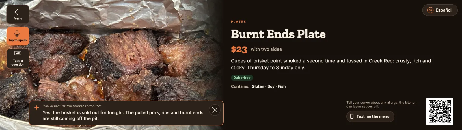 Hickory Creek Smokehouse: "Is the brisket sold out?" answered in seconds.